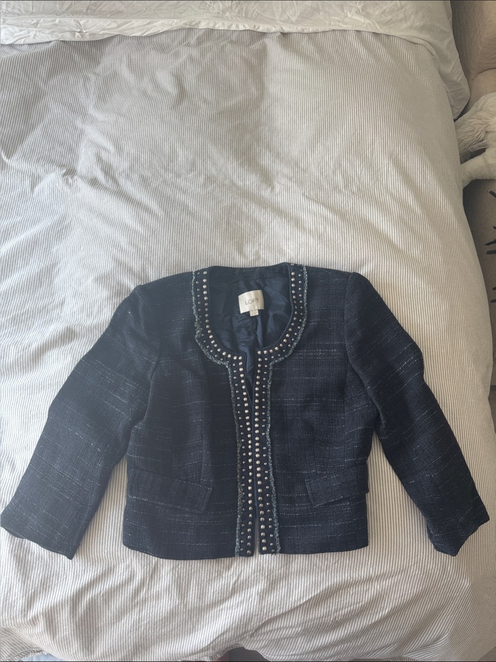 LOFT Navy Tweed Jewel-Trim Cropped Jacket